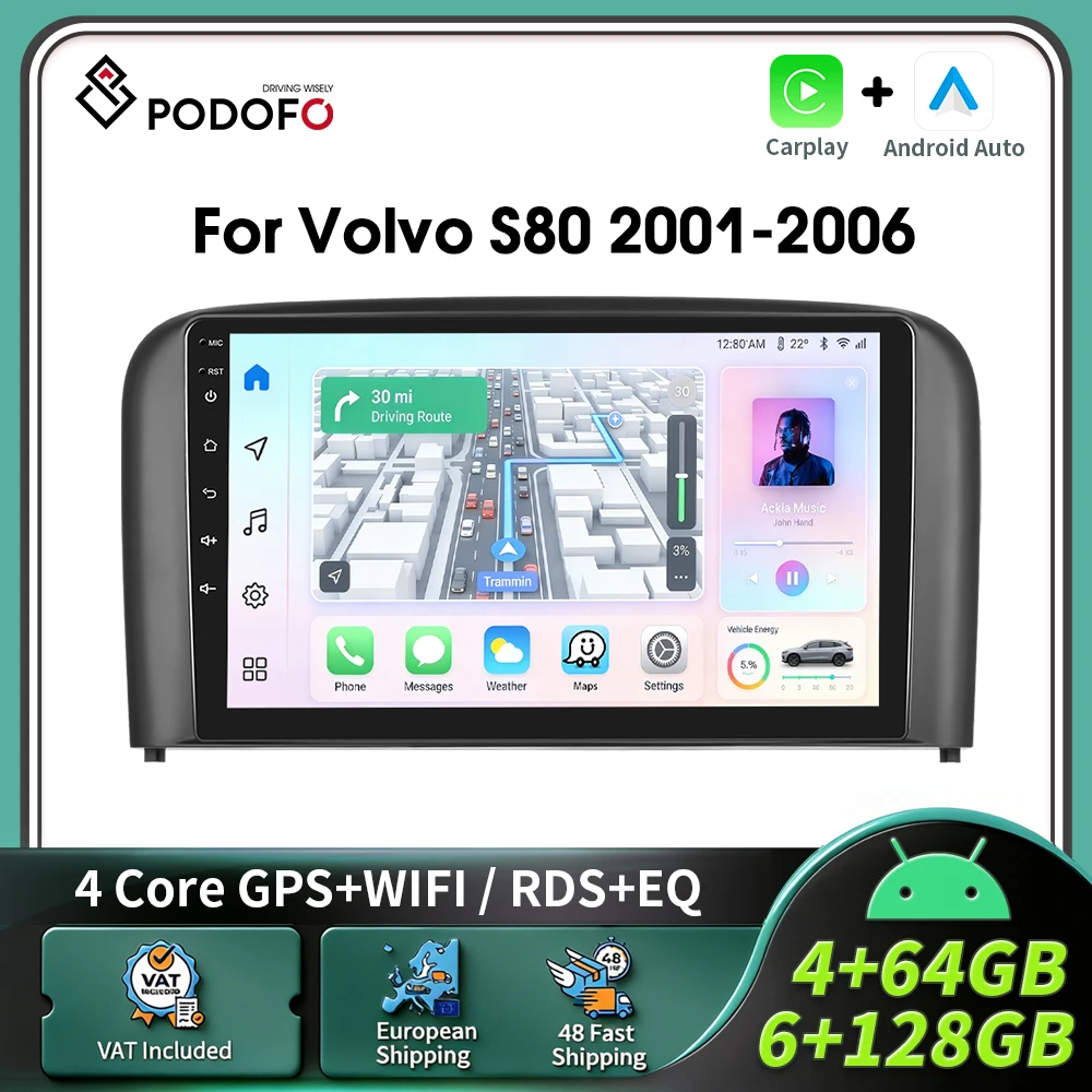 Podofo CarPlay Android Radio für Volvo S80 2001-2006 Intelligentes Autosystem 2 Din GPS Auto-Multimedia-Player BT FM