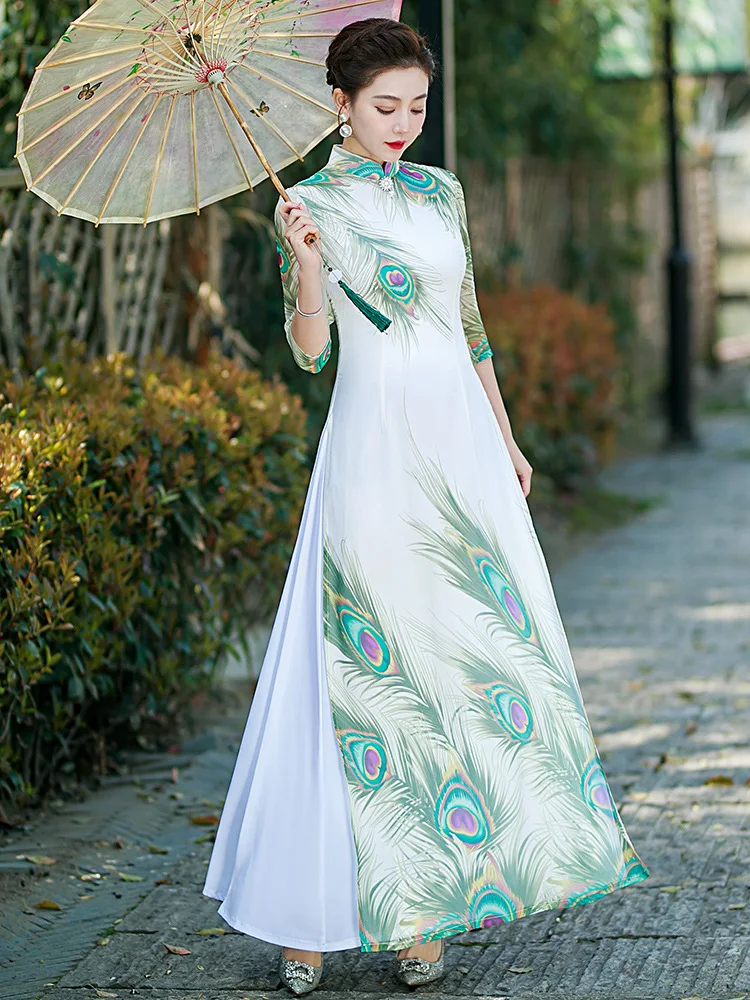 

Chinese Traditional Women Peacock Feather Printed Satin Aodai Qipao Vintage Cheongsam Novelty Formal Dress