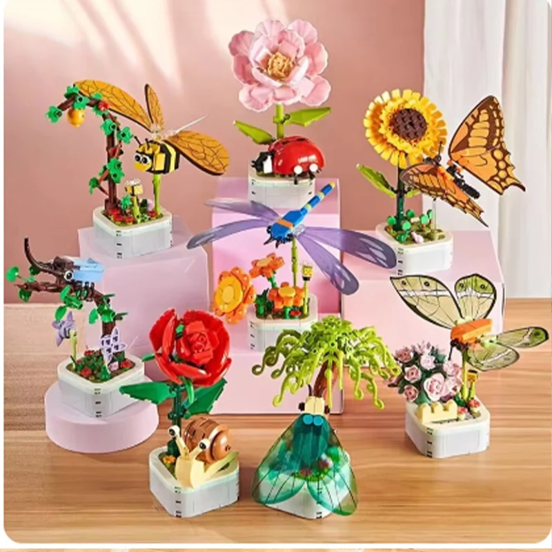 Building Block Flower Bouquet Perpetual Tulip 3D Model Home Decoration Plant Potted Assembly Bricks Valentine Kid Child Gifts