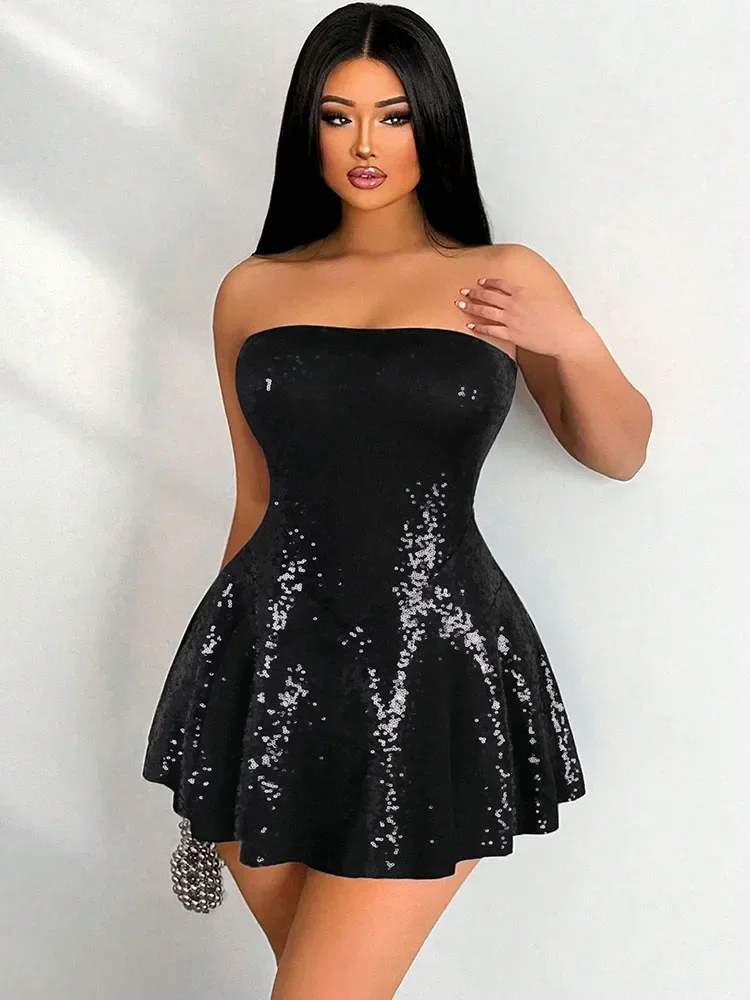 

Sexy Black Glitter Sequins Birthday Dress for Women Night Club Sleeveless Backless Strapless Slim A-line Short Dresses Vestidos