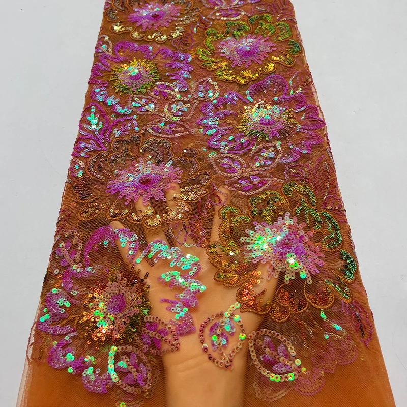 French luxurious lace mesh fabric, high-quality African sequined lotus leaf sequined dress, embroidered lace trim fabric