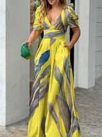 Nuevo XL-5XL de talla grande para mujer, mono de pierna ancha con estampado de moda de verano con cuello en V, pantalones informales con temperamento, pantalones largos elegantes, mono