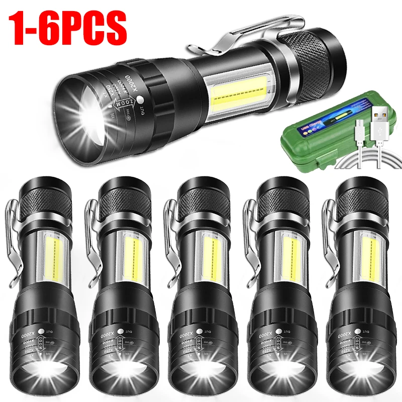 Mini EDC Flashlight Super Bright LED+COB Zoomable Torch USB Rechargeable Outdoor Camping Fishing Long Range Emergency Lantern