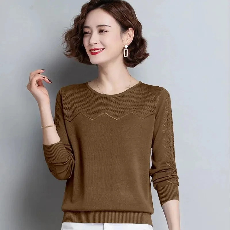 Hollow Out Women\'s Spring Autumn Coat Long Sleeves 2022 New Pullover Crew Neck Knitted Female Top Loose Fashion Primer Shirt