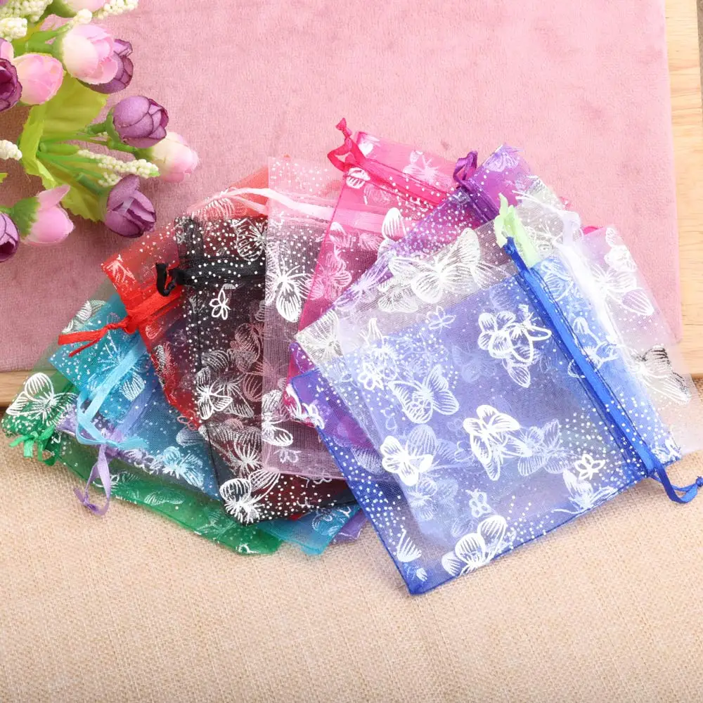 25/50pcs 12 Colors Butterfly Organza Gift Bags 7x9cm 9x12cm 13x18cm Jewelry Bags Candy Packaging Bags Drawstring Pouch