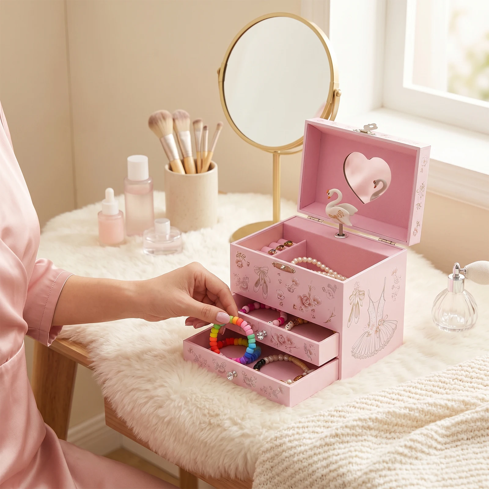 2/1-Tire Jewel Storage Box with Musical Jewelry Box Ballerina/Rotating Goose Storage Box for Earring Necklace Bracelet Organizer