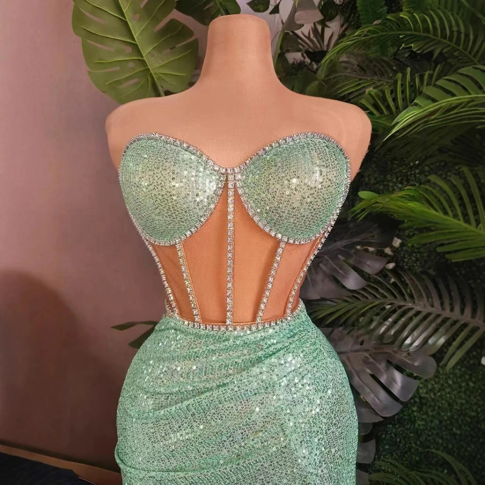 Hollow Design Bright Sheath Rhinestone Party Evening Gowns Sexy Split Long Dresses Semi Transparent Dress Fashion Prom Gowns