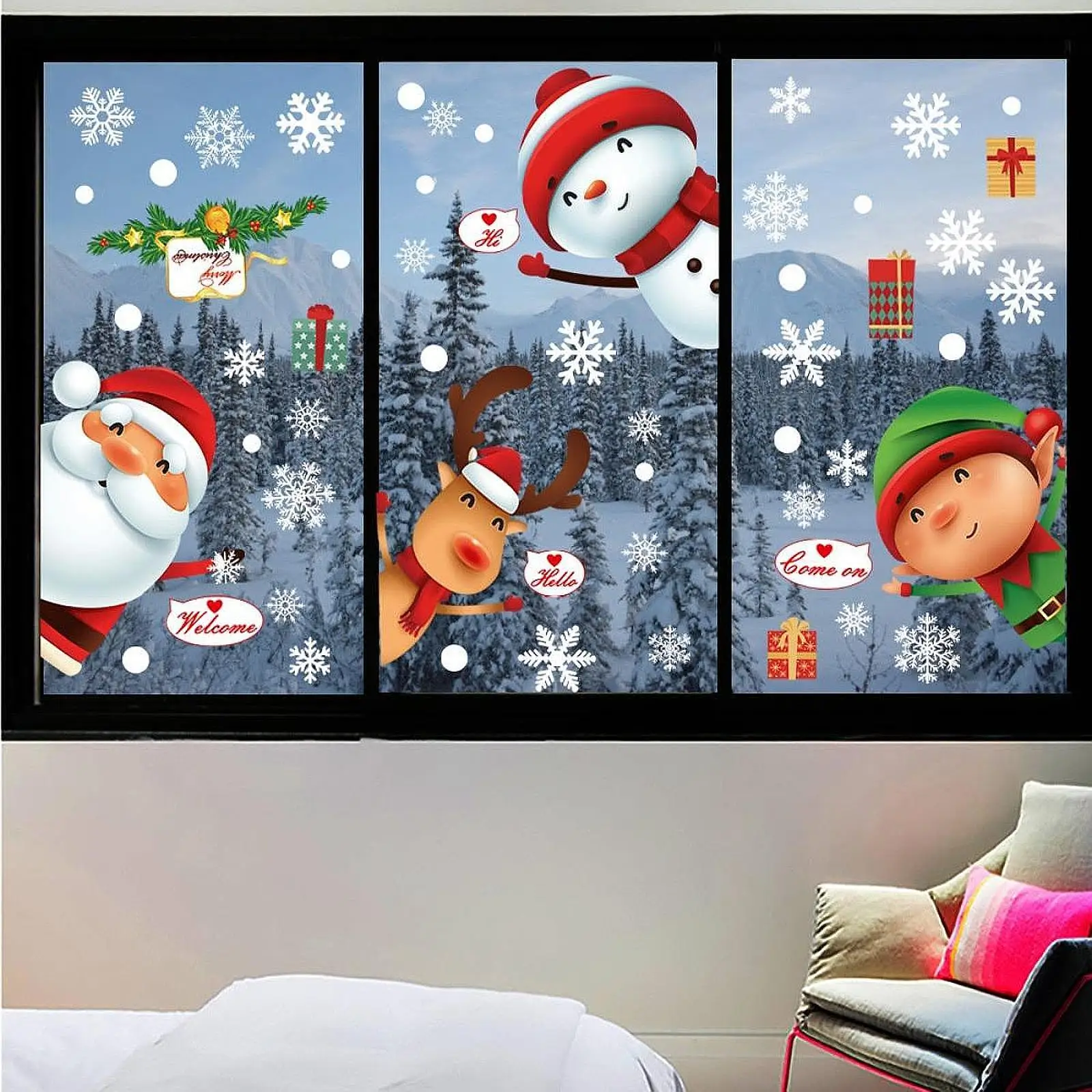 6 Sheets Christmas Window Stickers Christmas Decorations,Santa Claus Snowman Xmas Decor Static Clings for Winter Home Holiday
