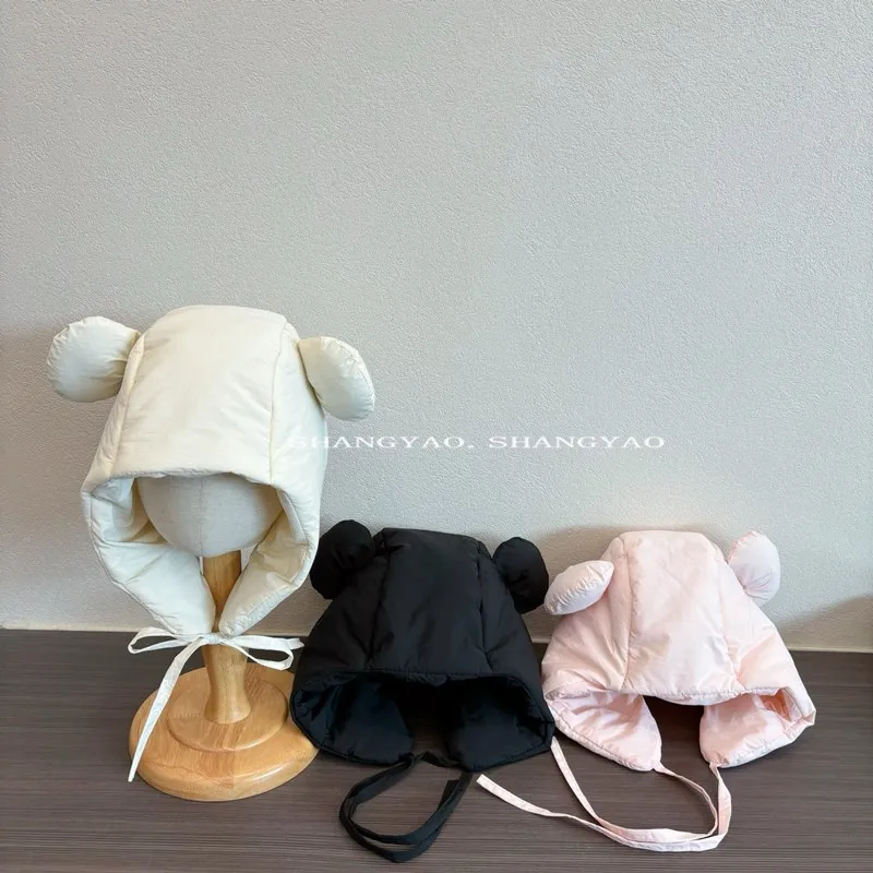 

Winter Plush Kids Hats with Bear Ears Girls Boys Lei Feng Hats Winter Solid Color Korean Cotton Kids Warm Ear Protection Hats