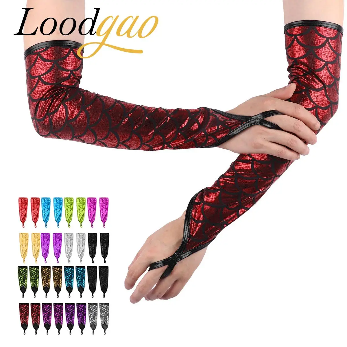

Women Fish Scales Fingerless Gloves Shimmery Metallic Printed Elbow Length Gloves for Costume Night Club Prom Party Accessories