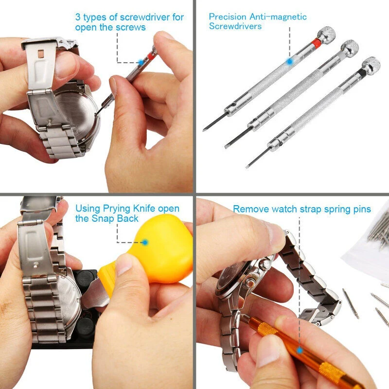 157PCS Watch Repair Tools Kit Clock Watchmaker Link Pin Dissolving Housing Open Remover Battery Replacement Static-free Set