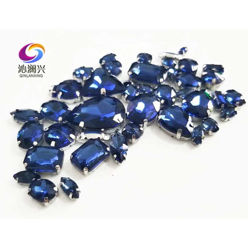 Crystals Glass Rhinestones for DIY Clothing Accessories, Mixed Shape Sewing Stones, Ink Blue, Mix Size, Factory Sales, 68Pcs