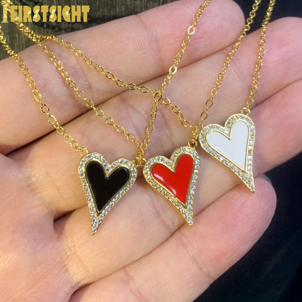 Delicate Shiny Micro Pave Cz White Red Black Cute Heart Shape Pendant Necklace For Women Girl Lovely Charm Fashion Jewelry