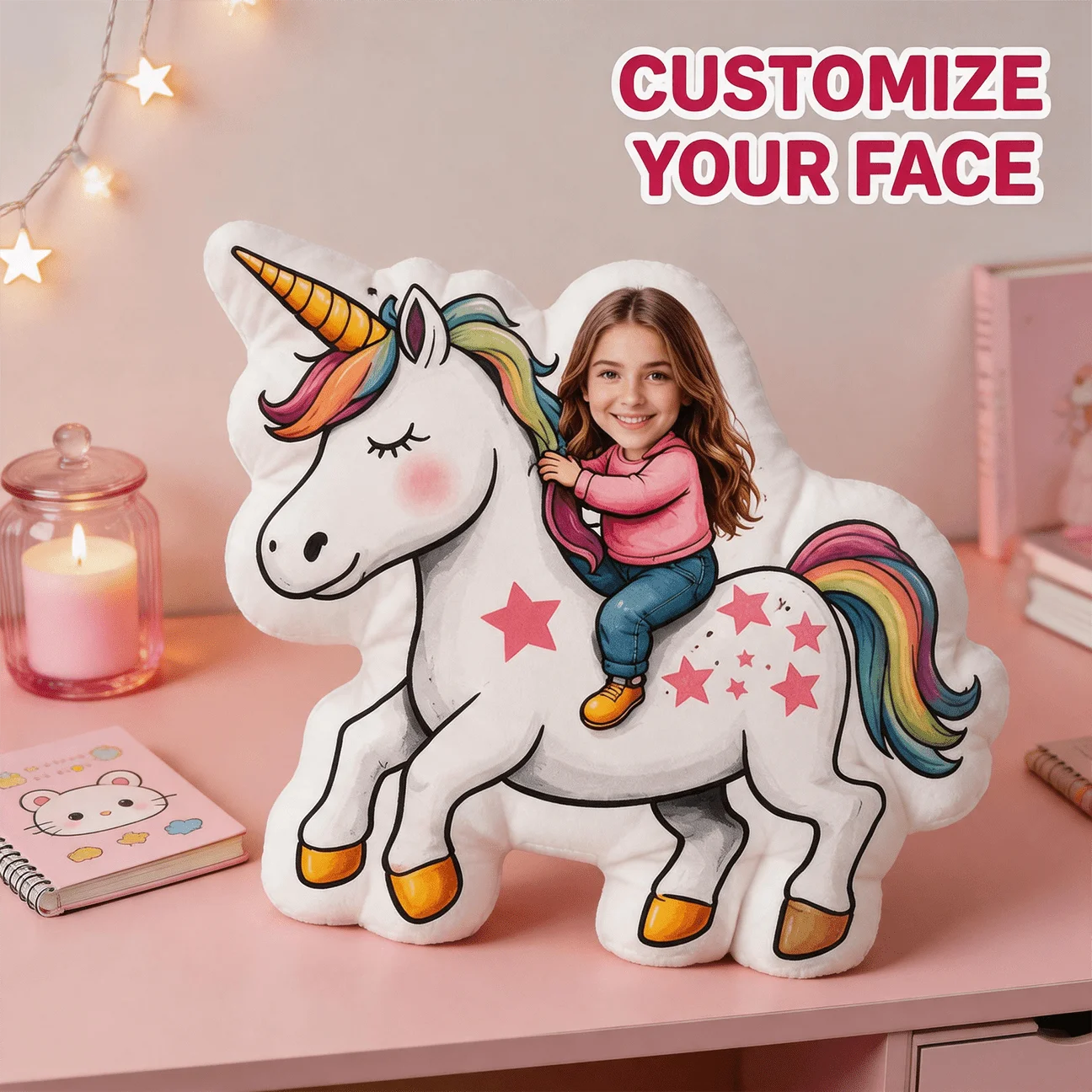 Custom Personalized Photo Face Pillow, Unicorn Shaped Decorative Cushion with Rainbow Mane And Stars, 60CM Large Size Accent Pil