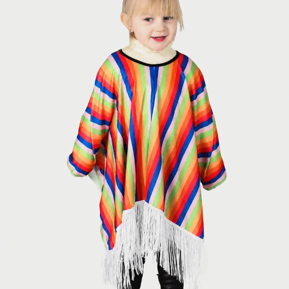 Traditional Colorful Striped Ethnic Style Cloak Tassel Trim Lightweight Mexican Poncho Performance Costume Cape Mexican Fiesta