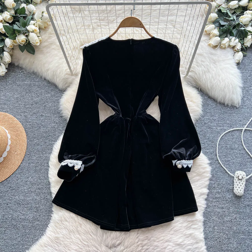vintage Elegant long sleeve velour lace Dress Chic Vestidos Women Fashion Retro ceremony dresses