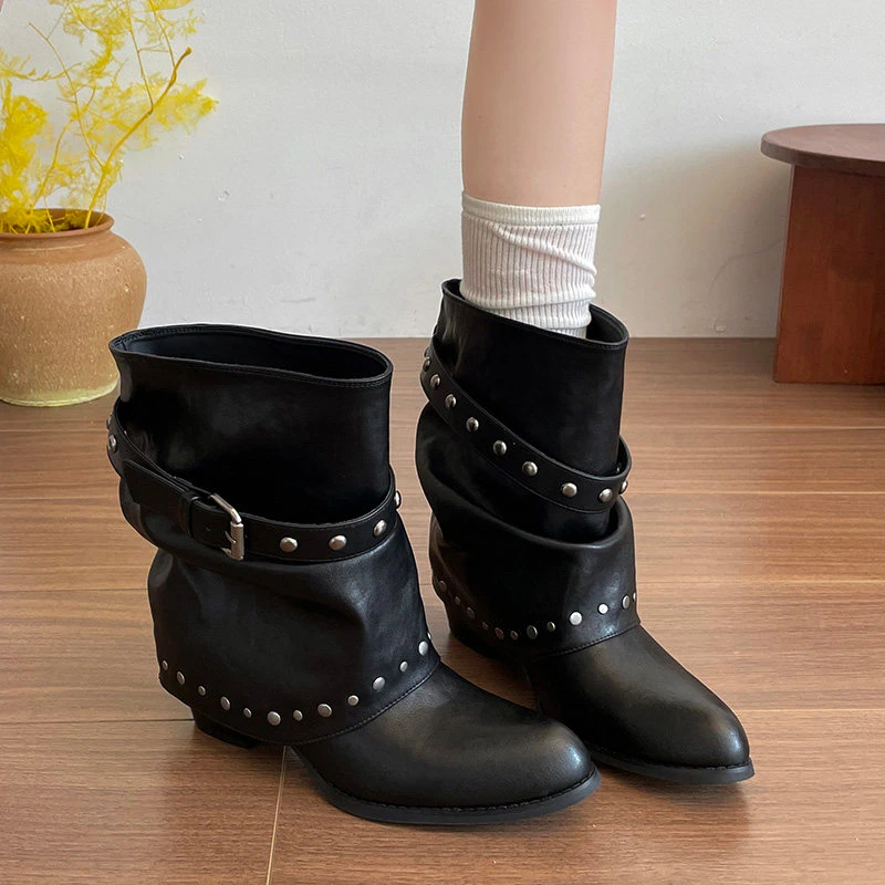 Rivet Buckle Slouch Women Mid Calf Boots Round Toe Pants Tube Leather Boots Autumn Winter Vintage Ladies Western Cowboy Boots