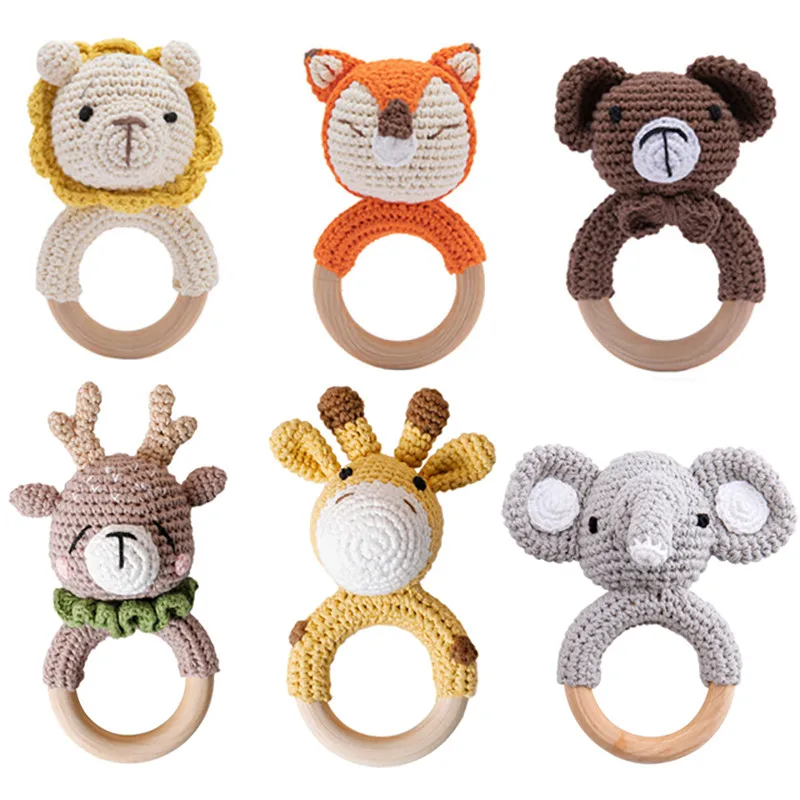 5PC Baby Rattle Toys Cartton Animal Crochet Wooden Rings Rattle DIY Crafts Teething Rattle Amigurumi For Baby Cot Hanging Toy