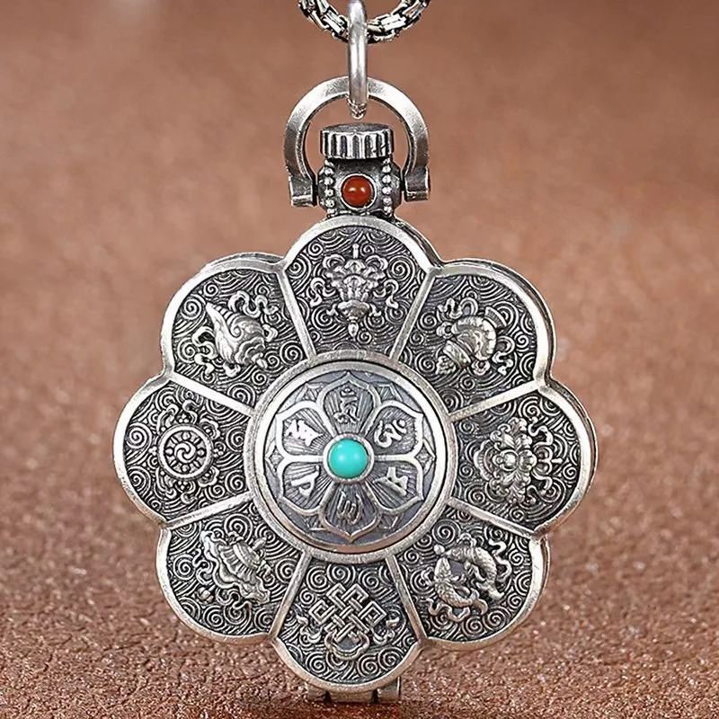 Vintage Ethnic Style Auspicious Eight Treasures Pendant Necklace Mantra Gawu Box Necklace Good Lucky Jewelry Accessories