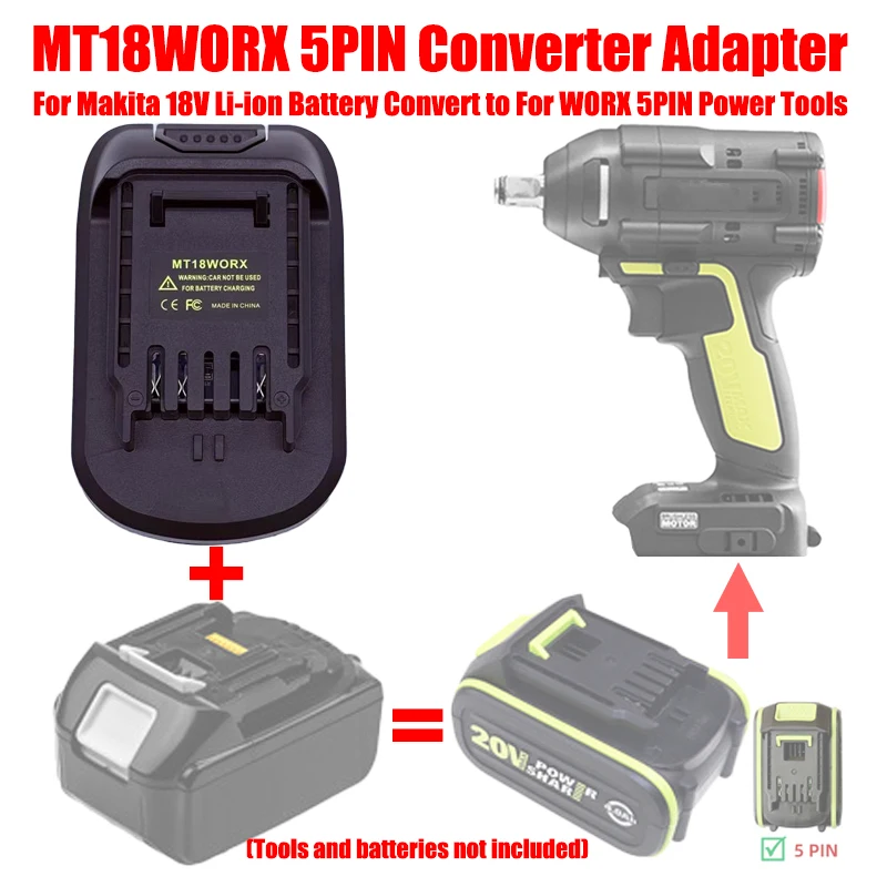 

ALASICKA 5PIN Battery Adapter MT18WORX for Makita 18V Li-ion Battery Convert To Work for WORX Green 5pin 20V Battery Power Tools
