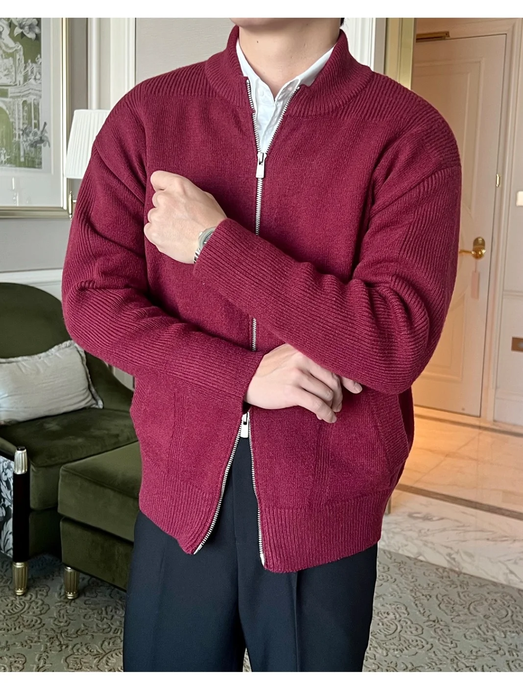 

Men's Casual Zipper Knitted Sweater Long Sve Loose Fit f High Collar Cardigan Spring Autumn Faion Warm Comfortable