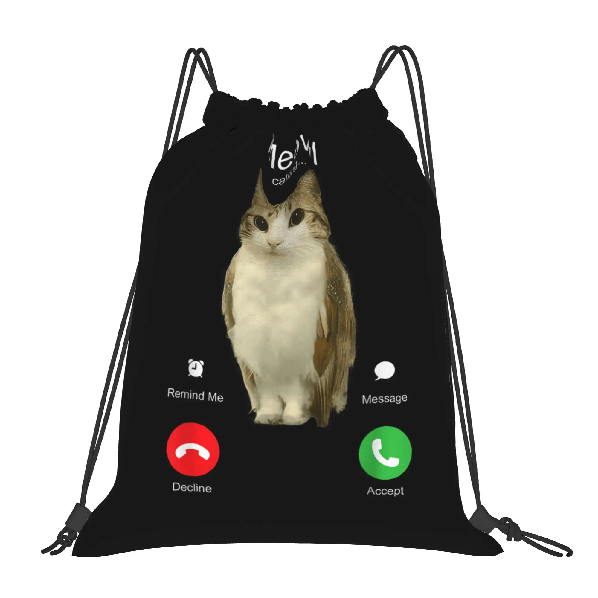 Meowl Cat Owl Meme Drawstring Backpack Sports Gym Sackpack Water Resistant  String Bag for Yoga