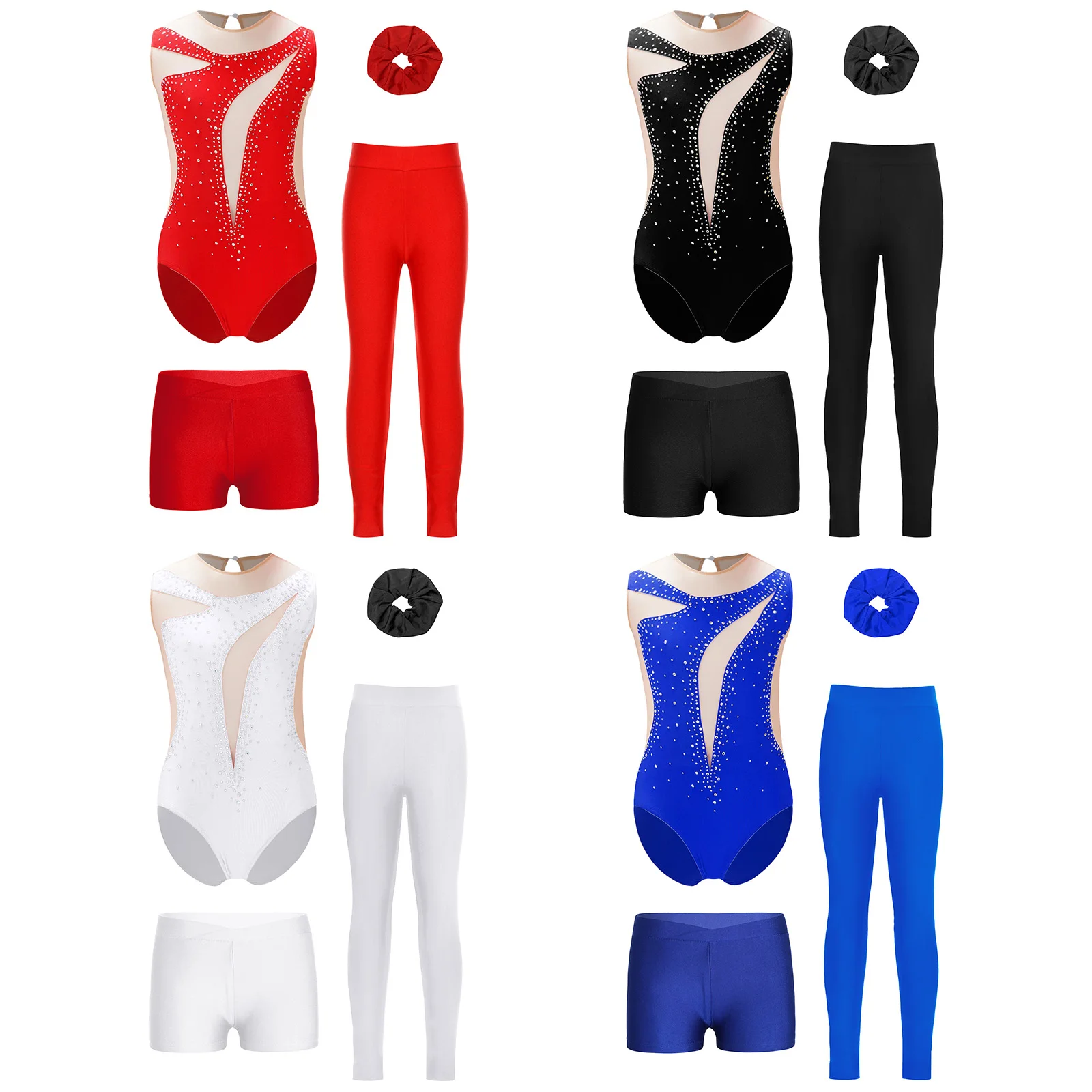 

Girls Sparkling Gymnastics Leotard Set Sheer Mesh Rhinestone Ballet Outfit Ballet Bodysuit with Complete Performance Accessories