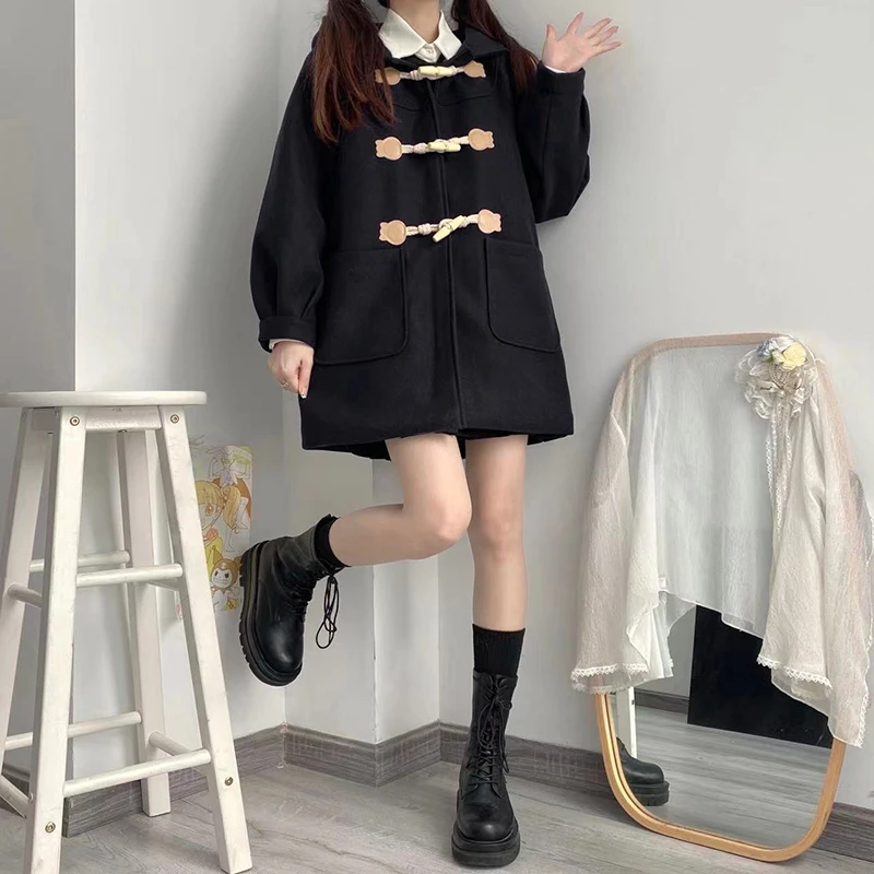 Japanese Preppy Style Blends Women Kawaii Button Schoolgirls Hooded Coats Y2k Autumn Winter Fashion Baggy All-match Retro Chic