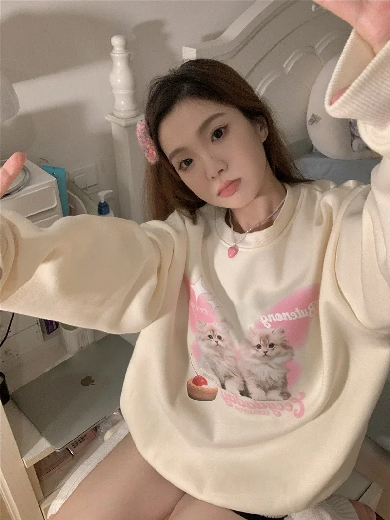 Chic Sweet O-neck Printed Hoodie Women Aesthetic Cartoon Kawaii Clothes Loose Casual Long Sleeve Y2k Top Harajuku Sweatshirts