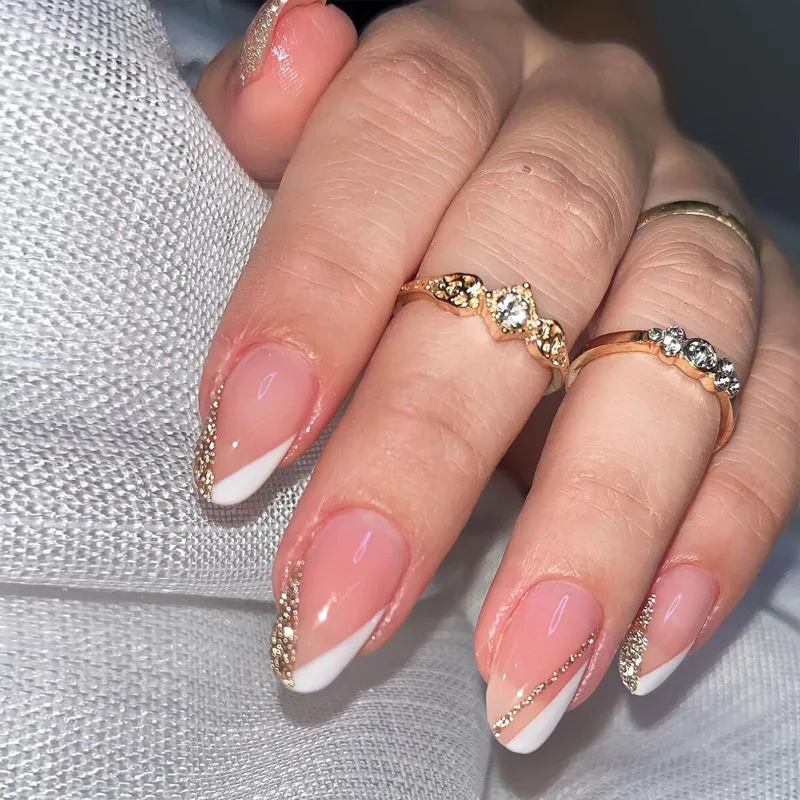 24 Stuks Wit Goud Valse Nagel Tips Voor Vrouwen Luxe Stijl Verwijderbare Pers Op Nagel Sticker Afgewerkt Nep Nagels