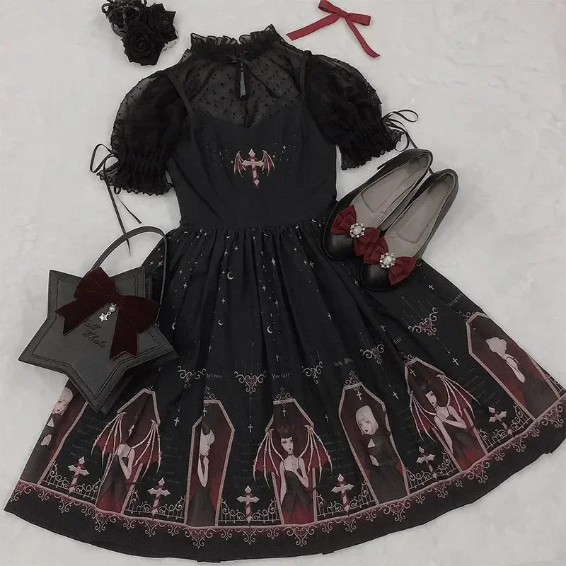 Robe Lolita gothique de style japonais, robe de sécurité noire, robe à bretelles victorienne, robes douces sexy Loli, Halloween, carnaval