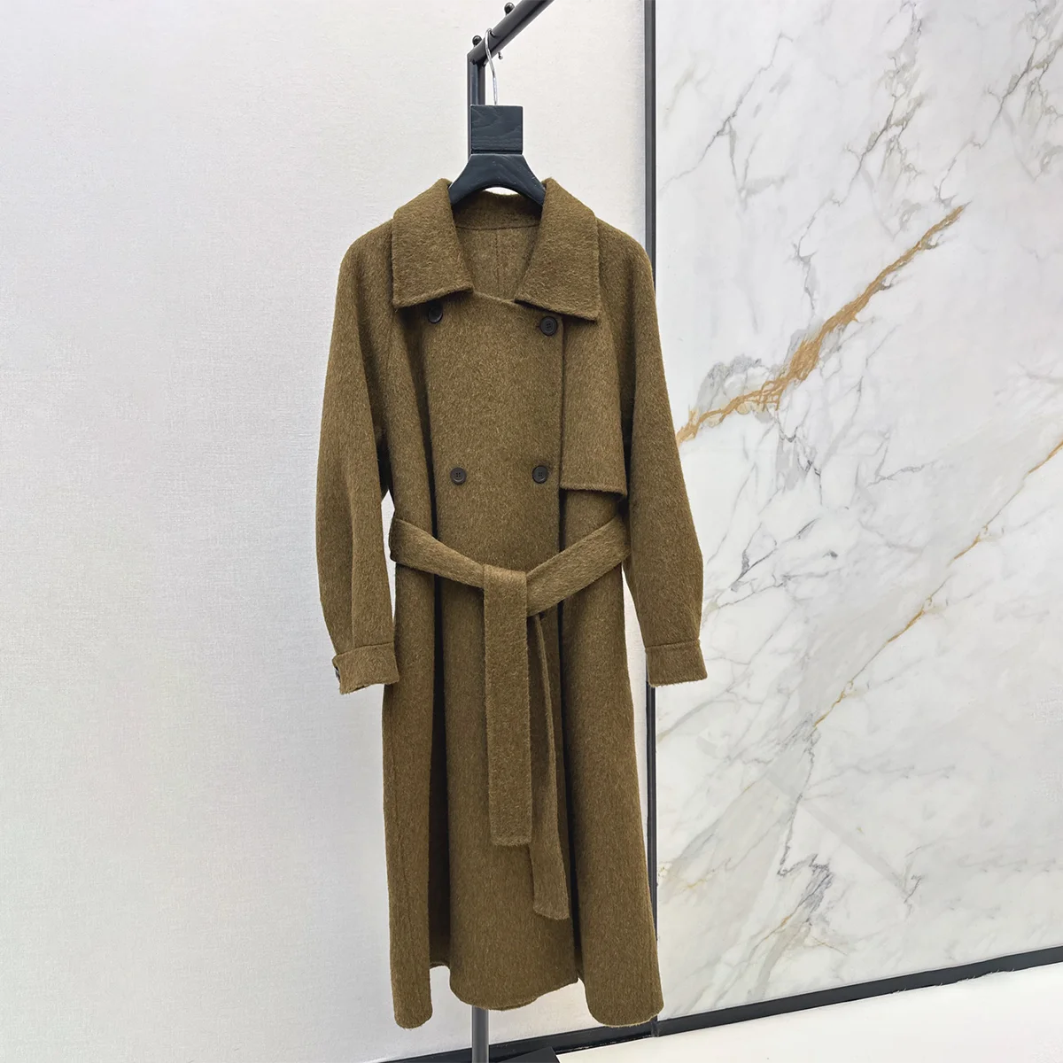 2026 high-quality women's double breasted lace up long double-sided wool coat--26922116