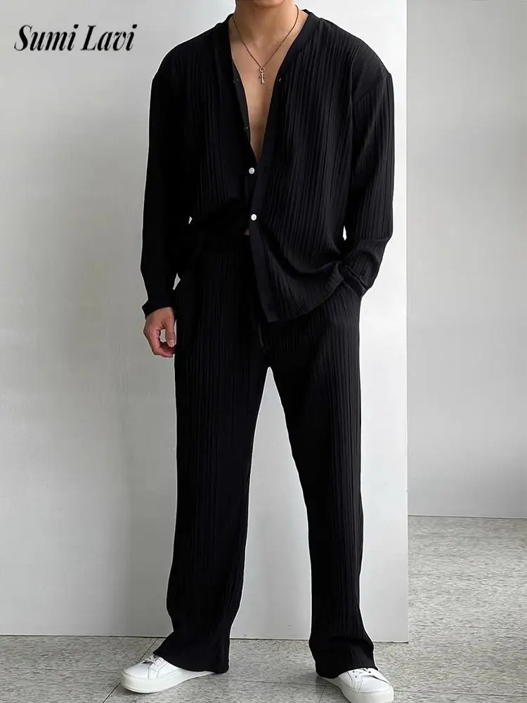 

Daily Leisure Mens Long Sleeve Suits 2025 Autumn Fashion Pure Color Ribbed Cardigan Tops And Pants Sets Men's Casual 2Pc Outfits