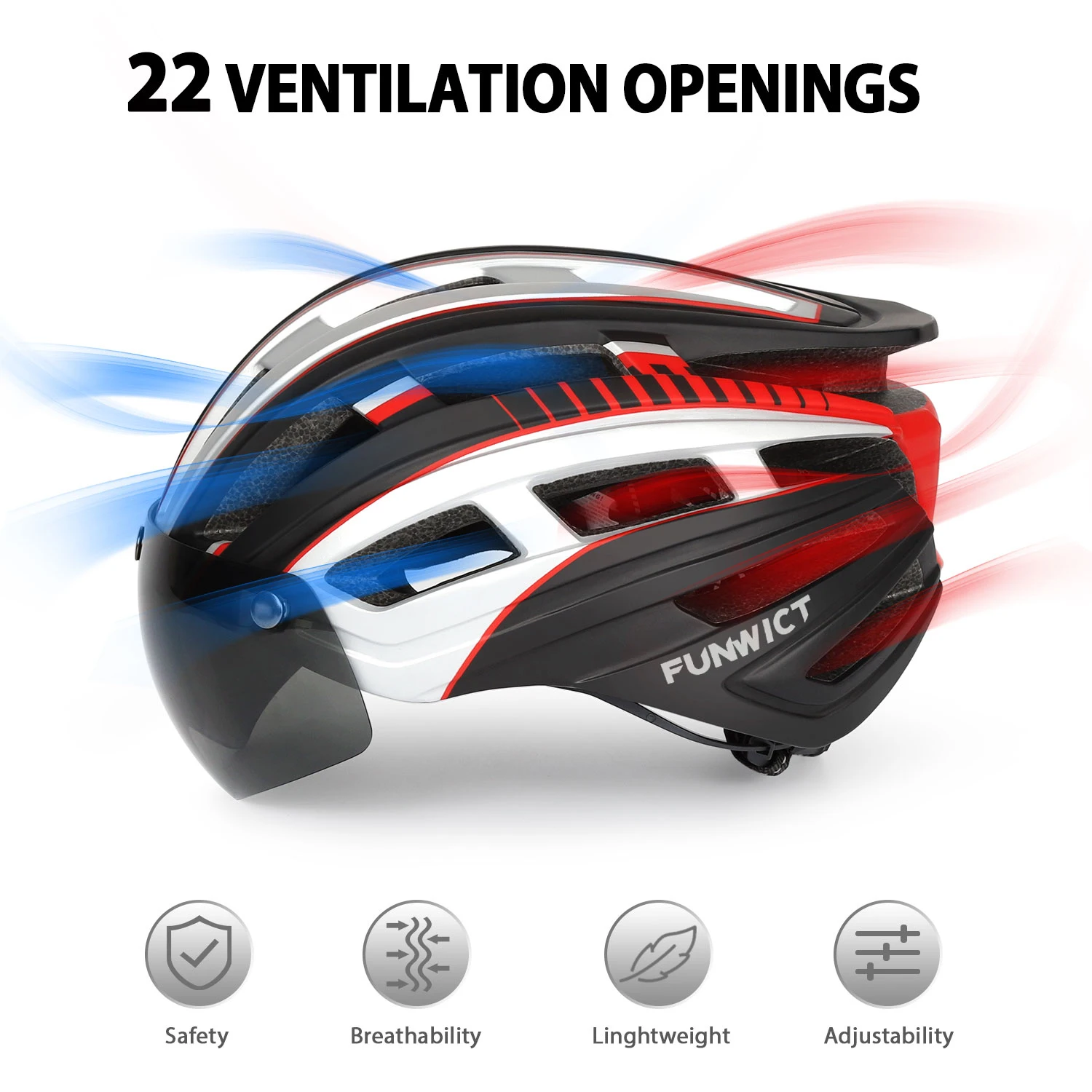 FUNWICT Bicycle Helmet for Men Women Magnetic Goggles Lens Sun Visor LED Rear Light Cycling Safety MTB Road Scooter Bike Helmet