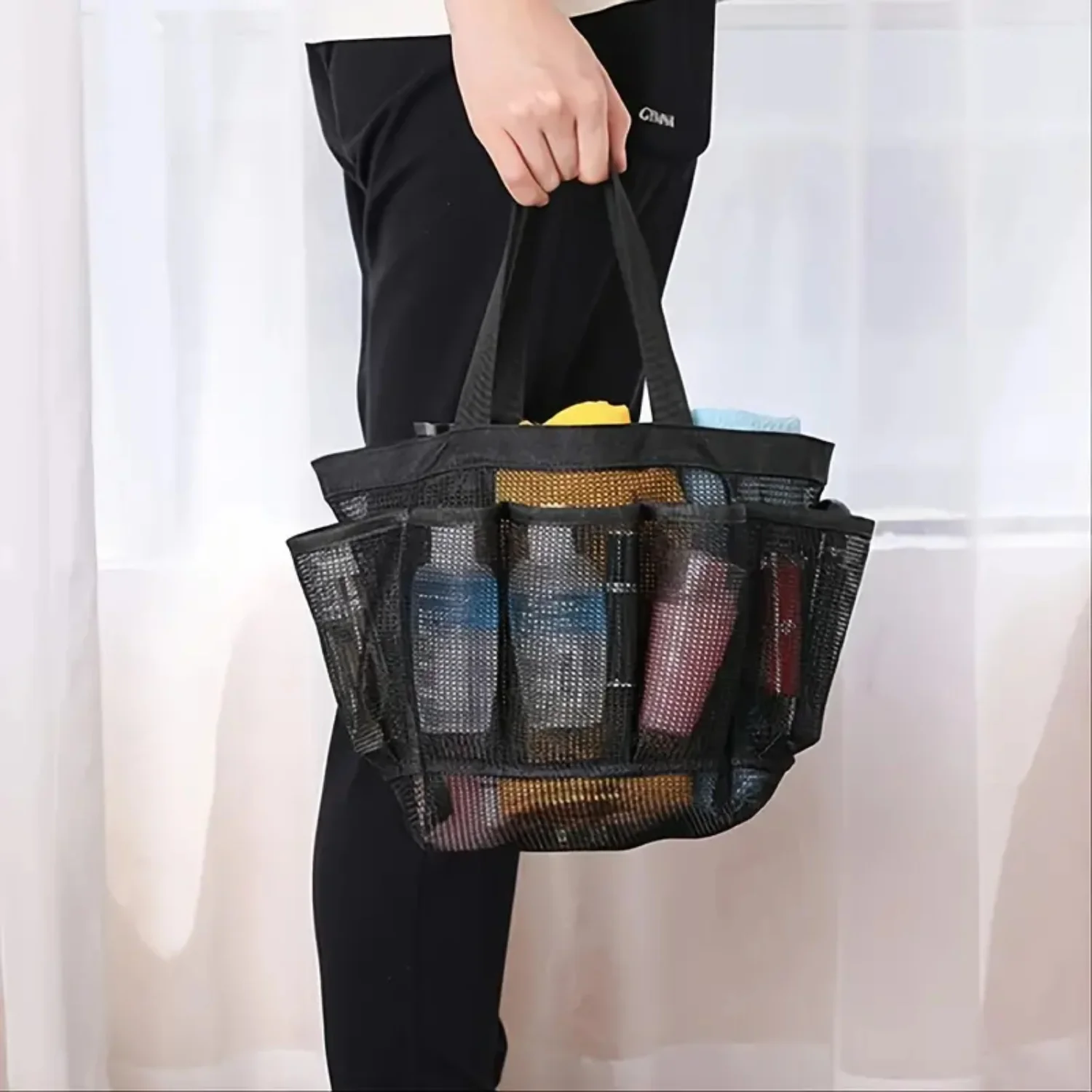 Portable Mesh Shower Caddy Quick Dry Women Tote Hanging Bath Toiletry Organizer Bag with 7 Storage Pockets & Double Handles - Co