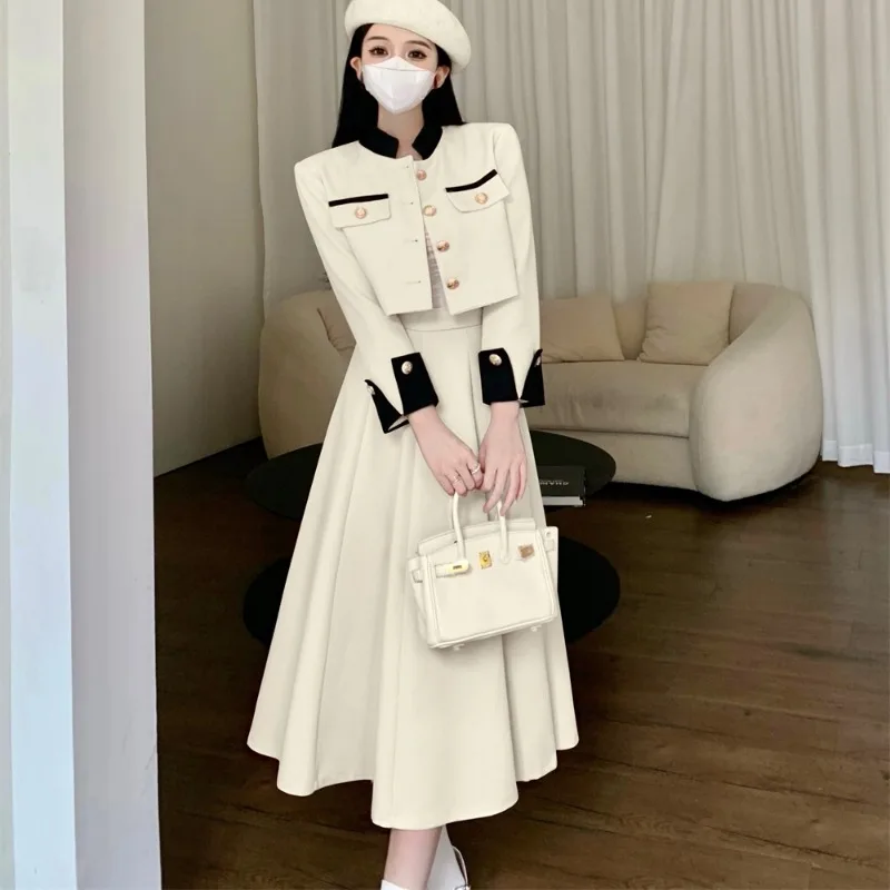 New Designer Autumn Two Piece Set Women Single Breasted Short Jacket Coat + High Waist Midi Aline Skirts Set Office Lady Elegant