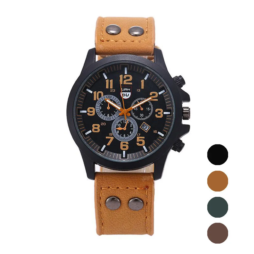 Men’s Casual Versatile Brown Series No Waterproof Alloy Leather Belt Digital watch Fashion Three Eyes Dial With Calender Reloj