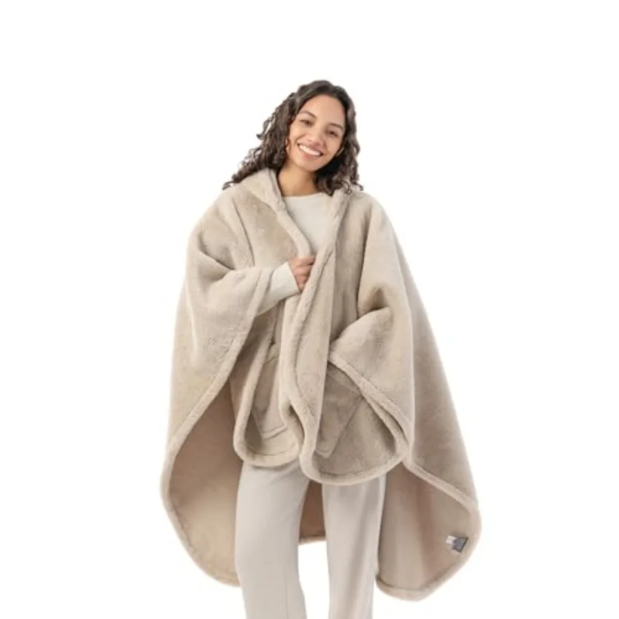 

Berkshire Faux Fur Wearable Blanket, Cozy Reversible Loftmink Fleece Shawl with Hood and Side Pockets