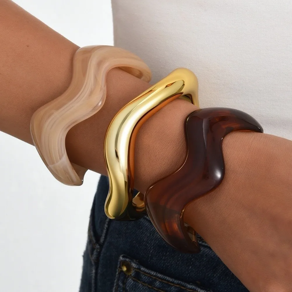 3Pcs/ Set Resin Wide Open Bangle Gold Irregular Wavy Cuff Bangles Acrylic Jewelry Accessories Exaggerated Bracelets Women