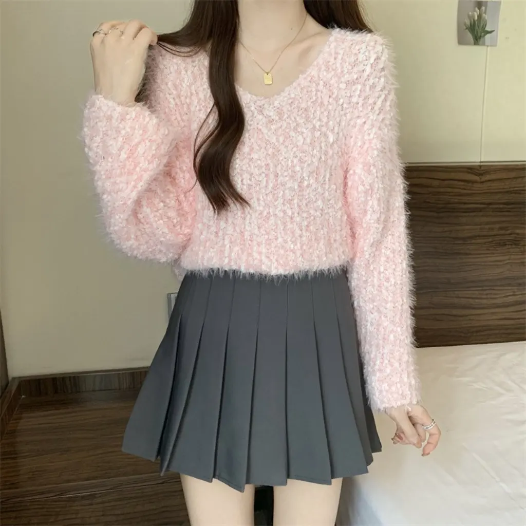 

Свободный свитер в ленивом стиле, пуловер с v-образным вырезом, мягкий восковой свитер больших размеров, повседневный вязаный свитер для пухлых девочек, Джокер, осень/зима, мода