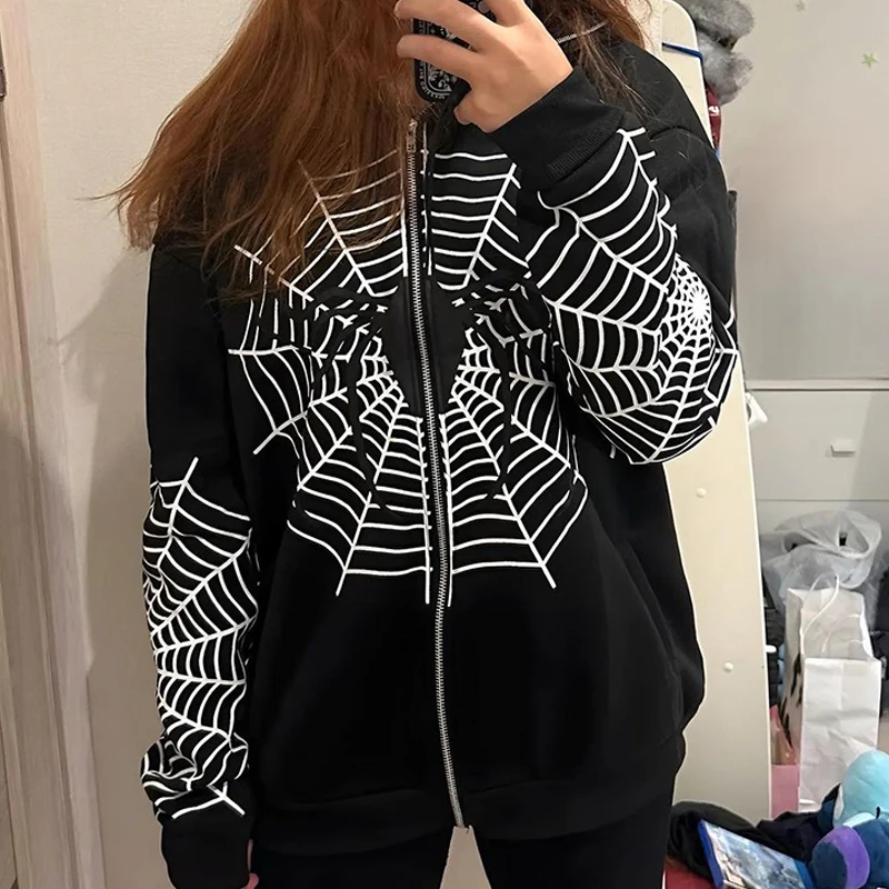 

Spider Web Graphic Hoodies Women's Clothing Warm Harajuku Vintage Grunge Y2k Zip Up Hoodie For Men And Women Sweatshirt New Tops