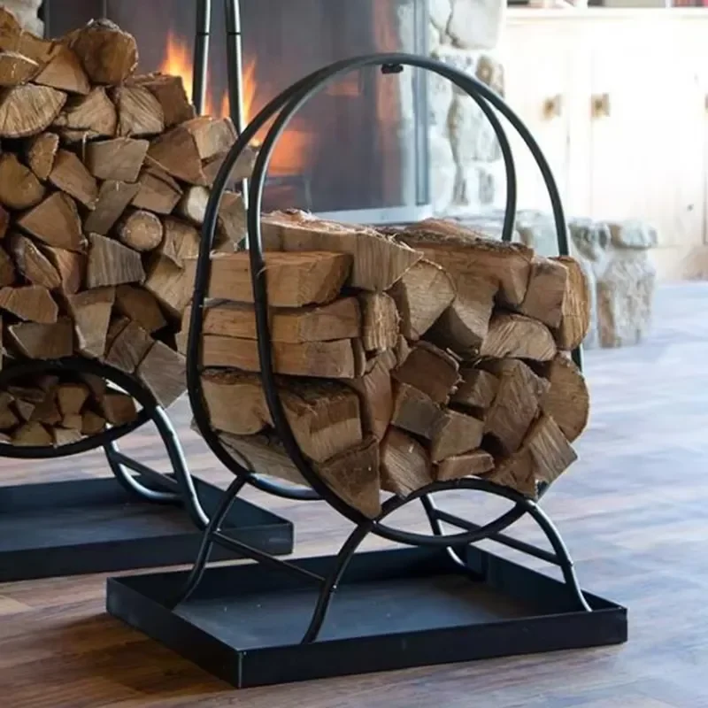 European Black Wrought Iron Floor Standing Log Storage Rack With Divider Outdoor Firewood Display Shelf for Household Garden