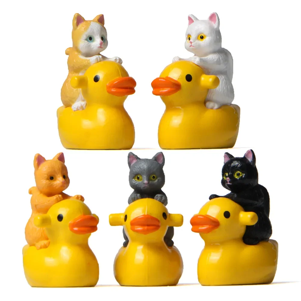 Kawaii Resin Cat Riding Yellow Duck Ornament Home Decoration Figure Miniature Figures Statue Set Mini Figurines Desk Accessories