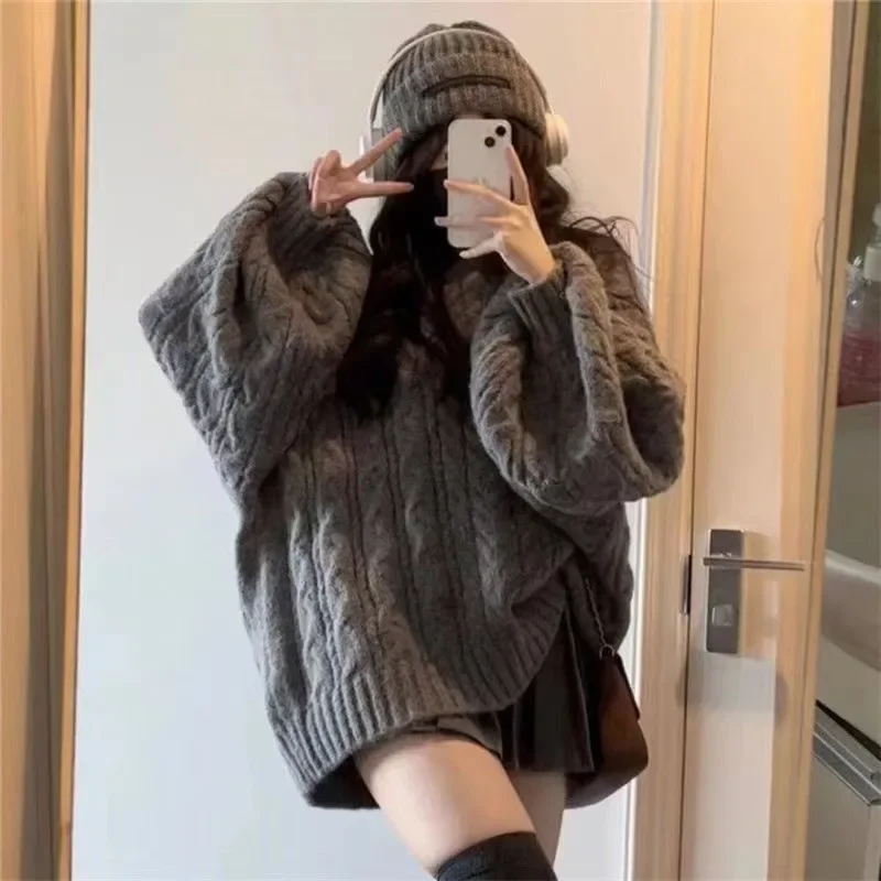 

Women Chic Cable Jumper V-Neck Loose Casual Knit Sweater Autumn Witner New Lantern Sleeve Knitted Pullovers Fisherman Sweater