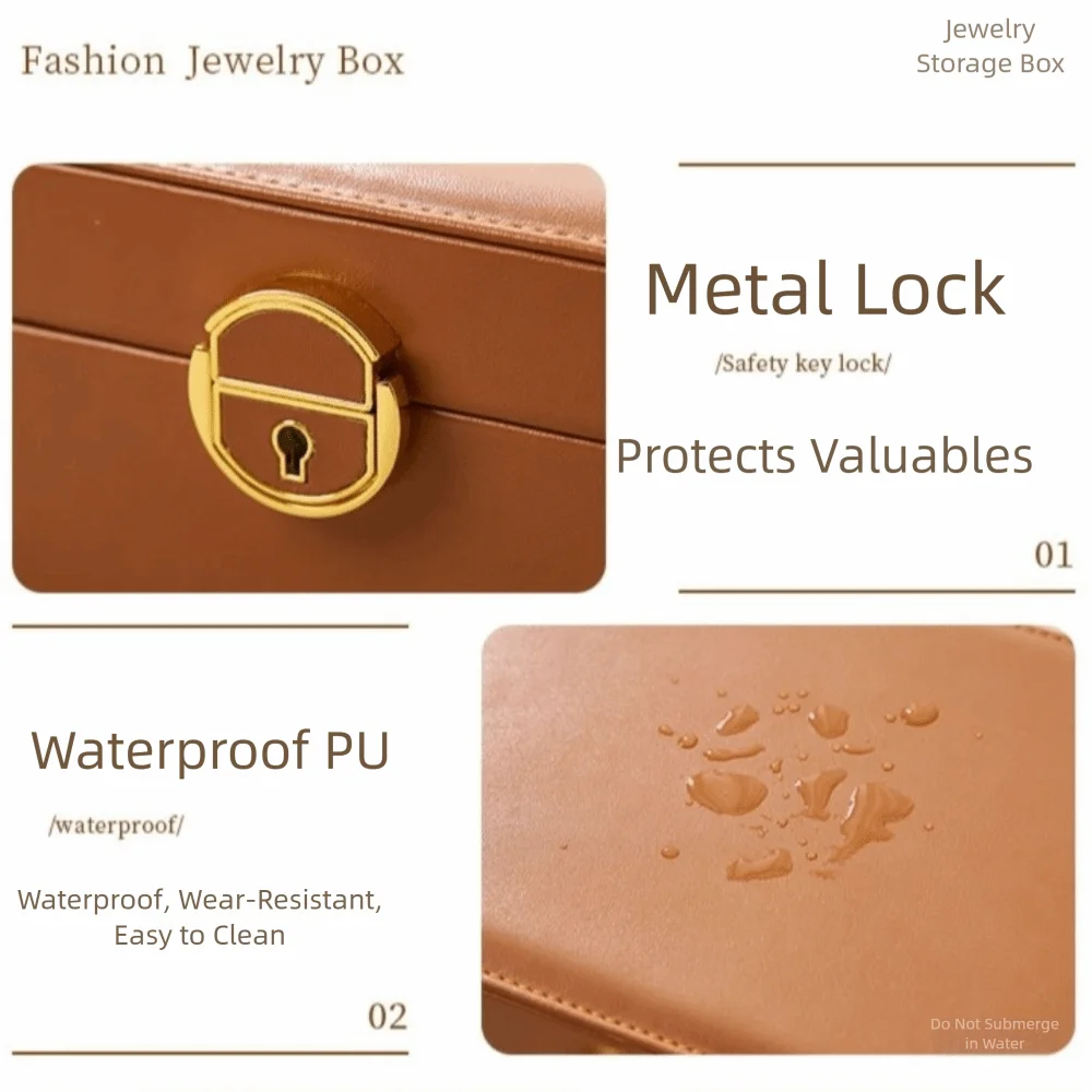 

PU Leather Jewelry Storage Box Double Layer Waterproof Jewellery Display Case Large Capacity Locked Jewelry Storage Case