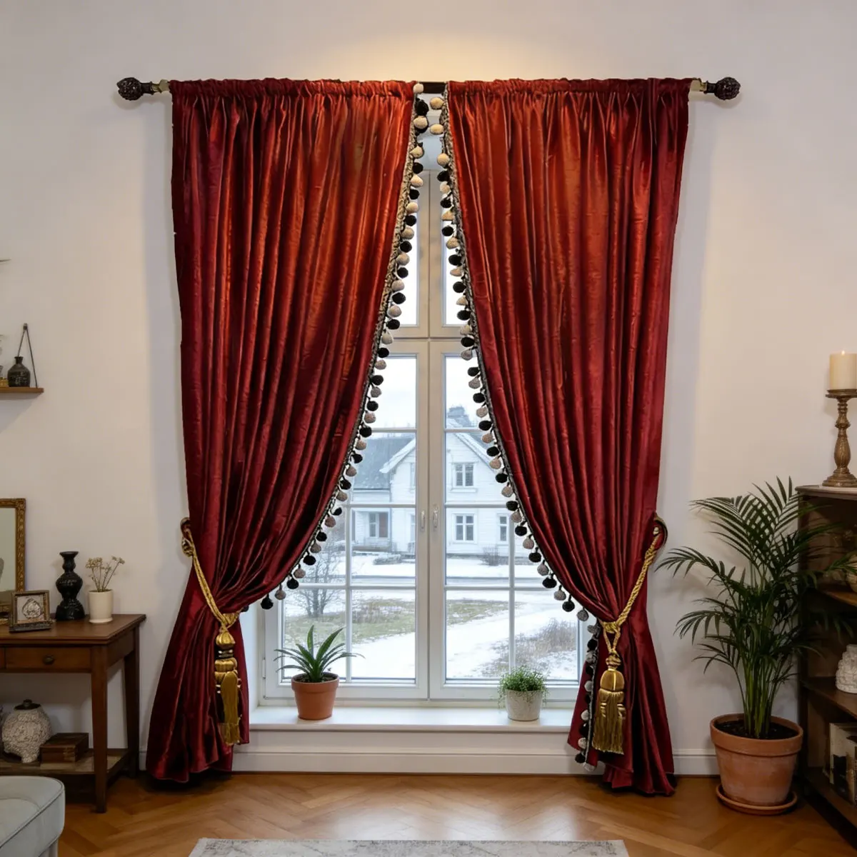 2 Stück Luxuriöse Samt-Verdunkelungsvorhänge, Vintage-Vorhänge mit Quastenbesatz für Wohnzimmer & Villa (Nur Vorhänge)