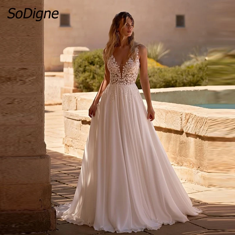 

SoDigne A-line Chiffon Wedding Dress Sleeveless V-neck Appliques Bride Dresses Long Elegant Bridal Gowns vestidos de novia 2024