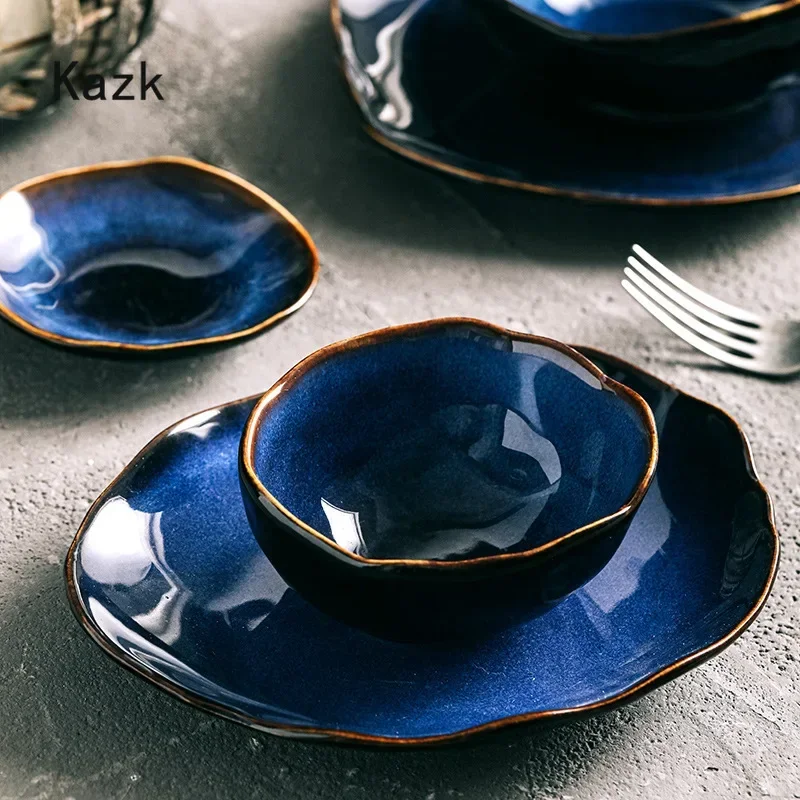 Nordic Blue Glaze Ceramic Dinner Plate Western Tableware Plates and Bowls Creative Irregular Spaghetti Dishes Snack Salad Dish