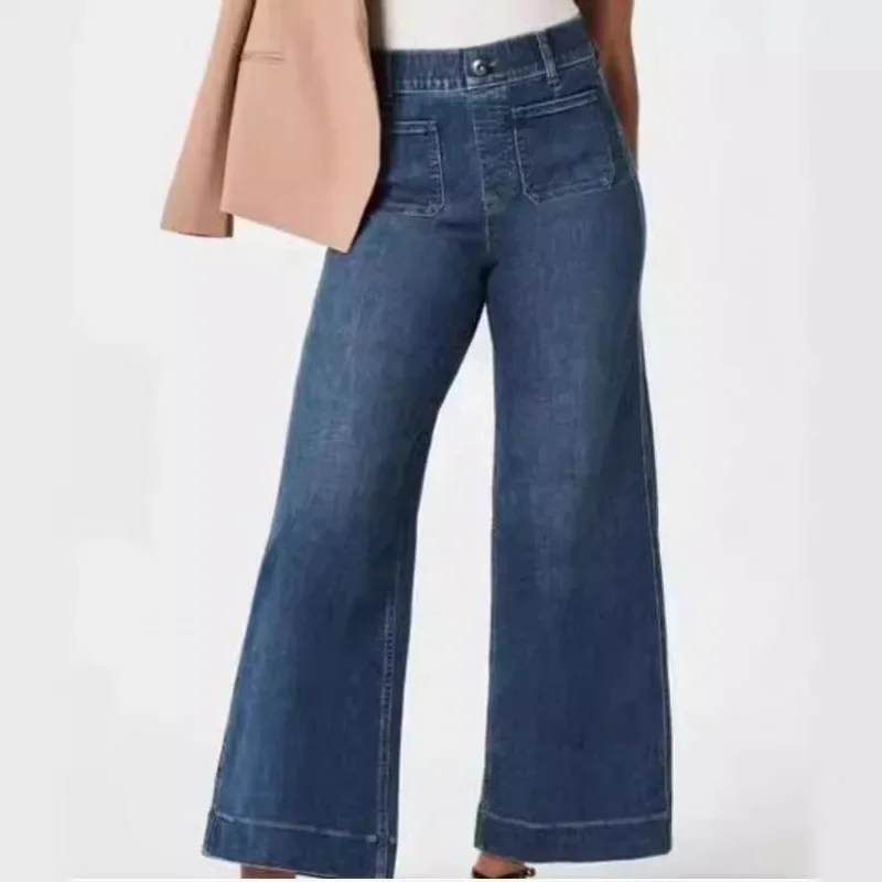 2024 Autumn Women Jeans Blue Elastic High Waist Wide-leg Flare Denim Pants Female Spring New Fashion Casual Soft Trousers Ladies