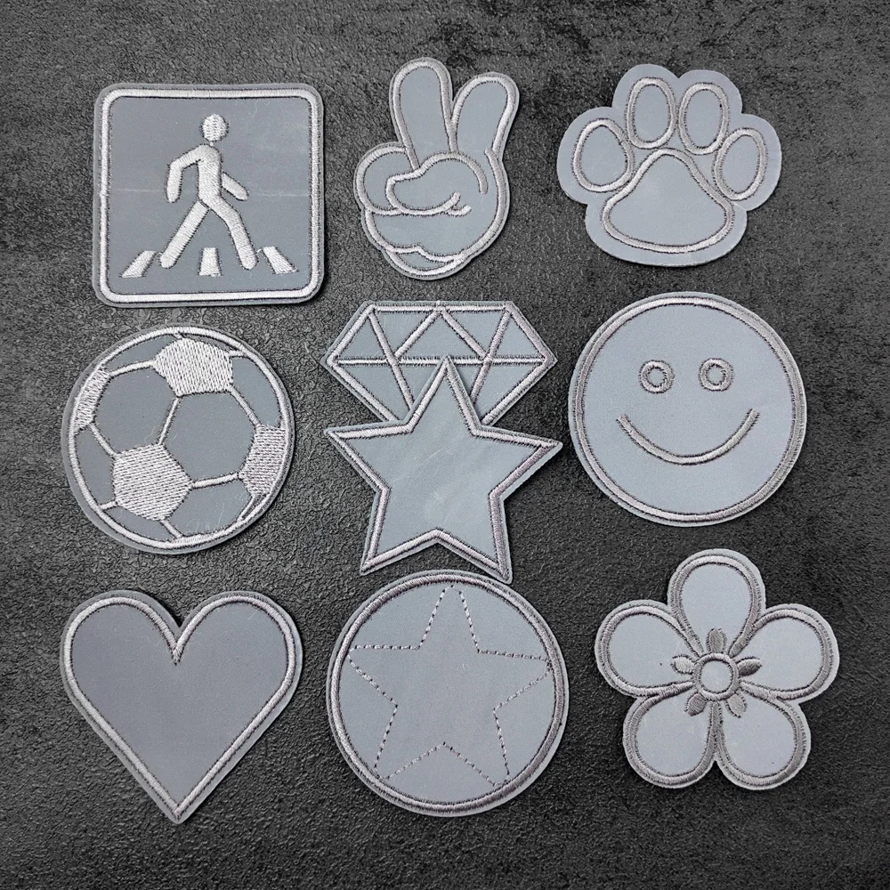 Reflective Material Heart Star Patch for Clothing Iron On Embroidered Sewing Applique Sew-On Fabric Badge Apparel Accessories